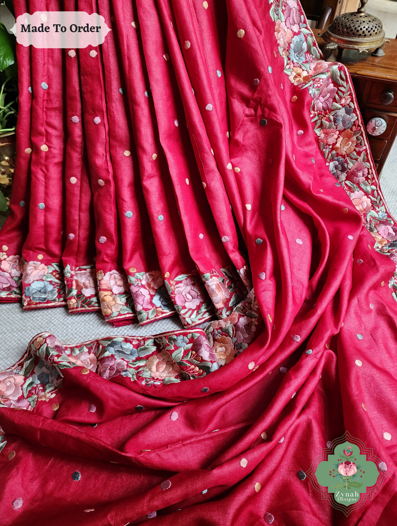 Zynah Made To Order Red Pure Tussar Silk Hand Embroidered (Pastel) Authentic Parsi Gara Saree; Custom Stitched/Ready-made Blouse, Fall, Petticoat; SKU: 2312202406