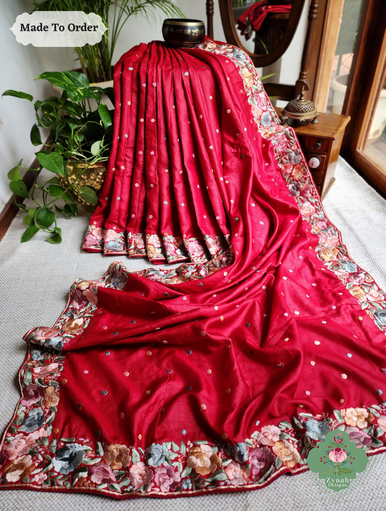 Zynah Made To Order Red Pure Tussar Silk Hand Embroidered (Pastel) Authentic Parsi Gara Saree; Custom Stitched/Ready-made Blouse, Fall, Petticoat; SKU: 2312202406