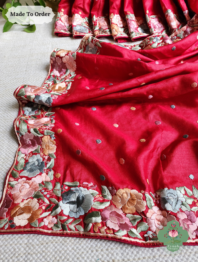 Zynah Made To Order Red Pure Tussar Silk Hand Embroidered (Pastel) Authentic Parsi Gara Saree; Custom Stitched/Ready-made Blouse, Fall, Petticoat; SKU: 2312202406
