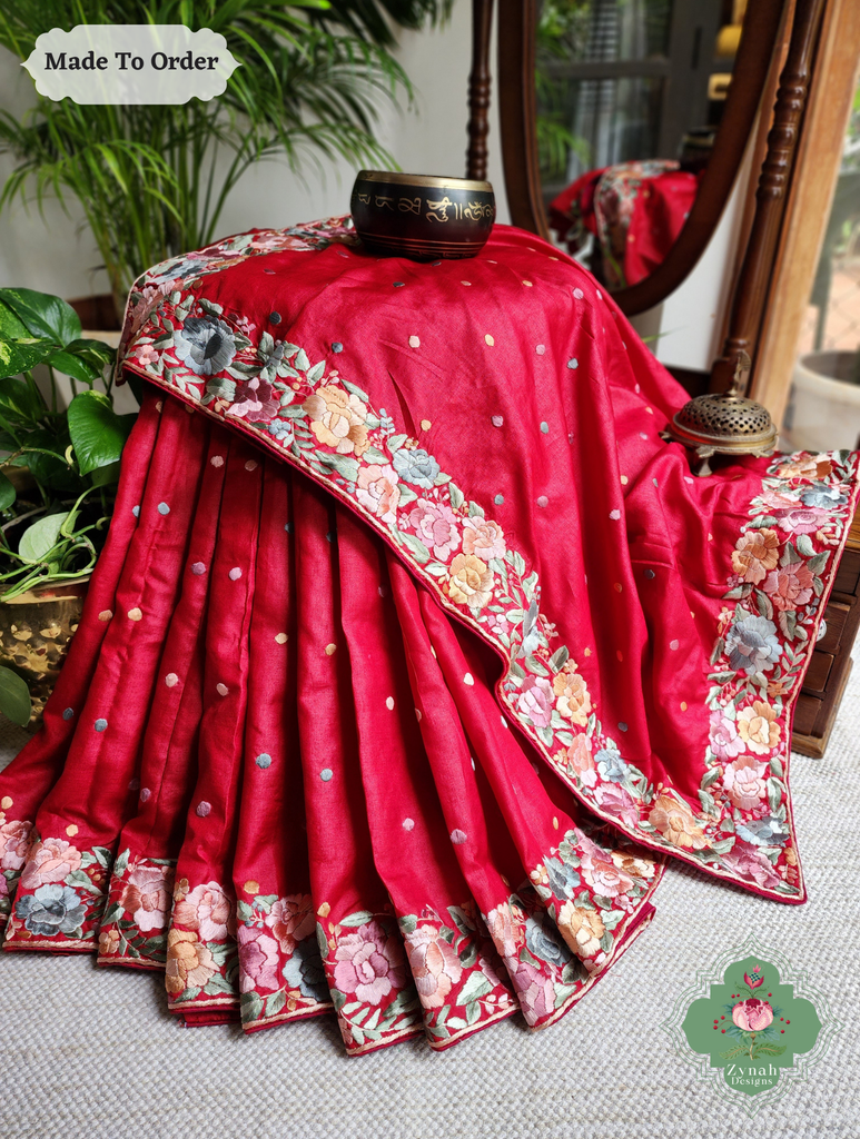 Zynah Made To Order Red Pure Tussar Silk Hand Embroidered (Pastel) Authentic Parsi Gara Saree; Custom Stitched/Ready-made Blouse, Fall, Petticoat; SKU: 2312202406