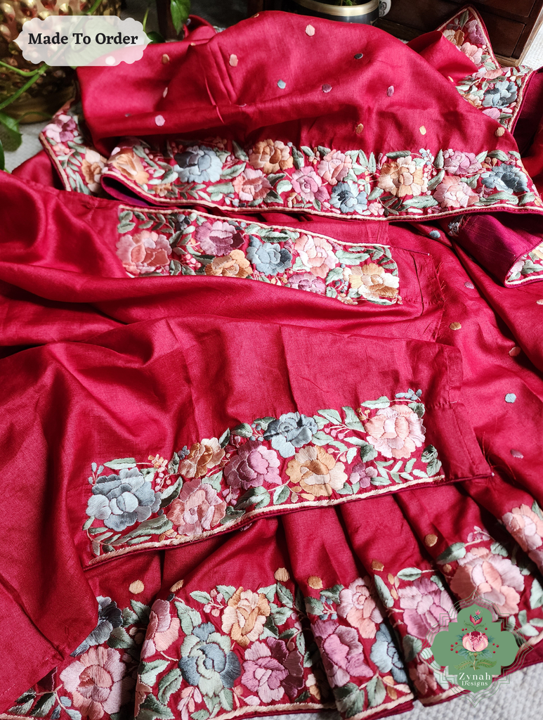 Zynah Made To Order Red Pure Tussar Silk Hand Embroidered (Pastel) Authentic Parsi Gara Saree; Custom Stitched/Ready-made Blouse, Fall, Petticoat; SKU: 2312202406