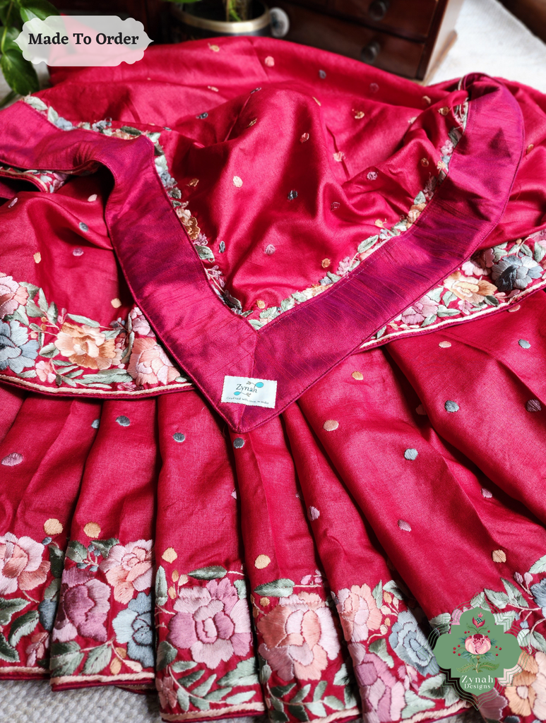 Zynah Made To Order Red Pure Tussar Silk Hand Embroidered (Pastel) Authentic Parsi Gara Saree; Custom Stitched/Ready-made Blouse, Fall, Petticoat; SKU: 2312202406