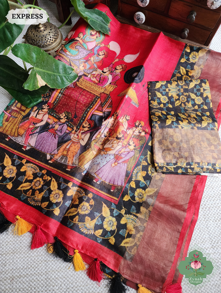 Red Tussar Silk Saree With Kalamkari Print 10