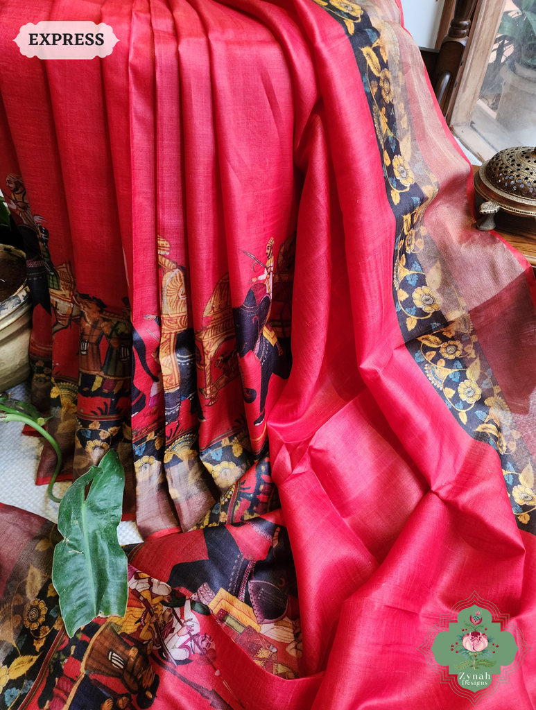 Red Tussar Silk Saree With Kalamkari Print 3