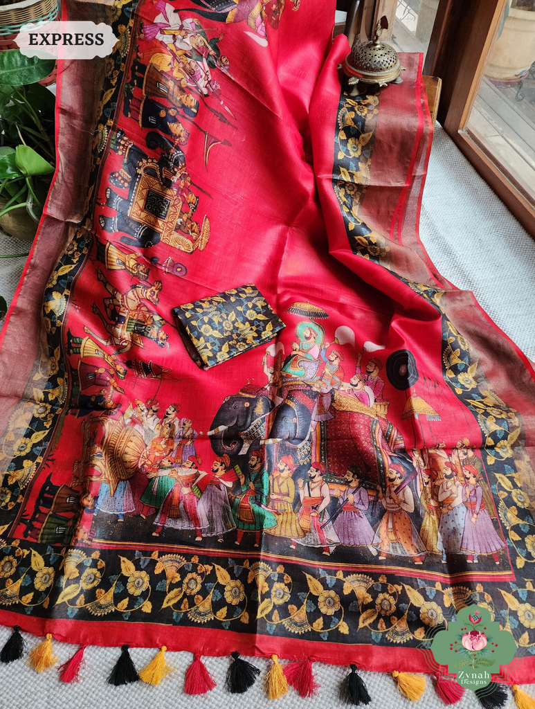 Red Tussar Silk Saree With Kalamkari Print 4