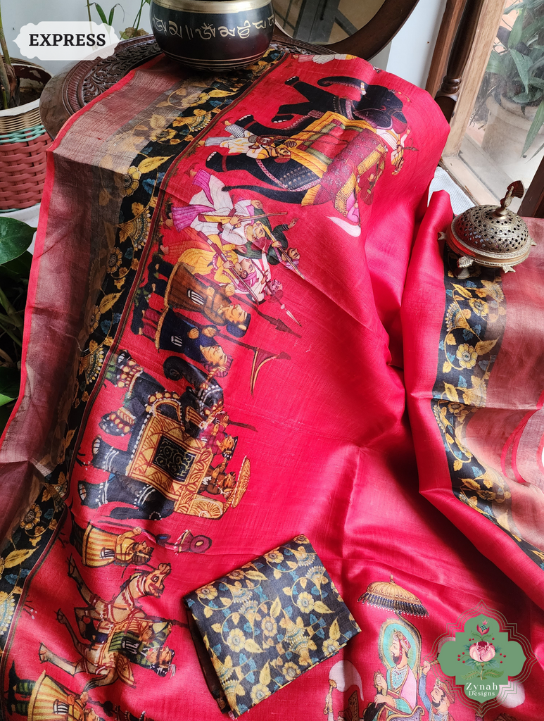 Red Tussar Silk Saree With Kalamkari Print 5