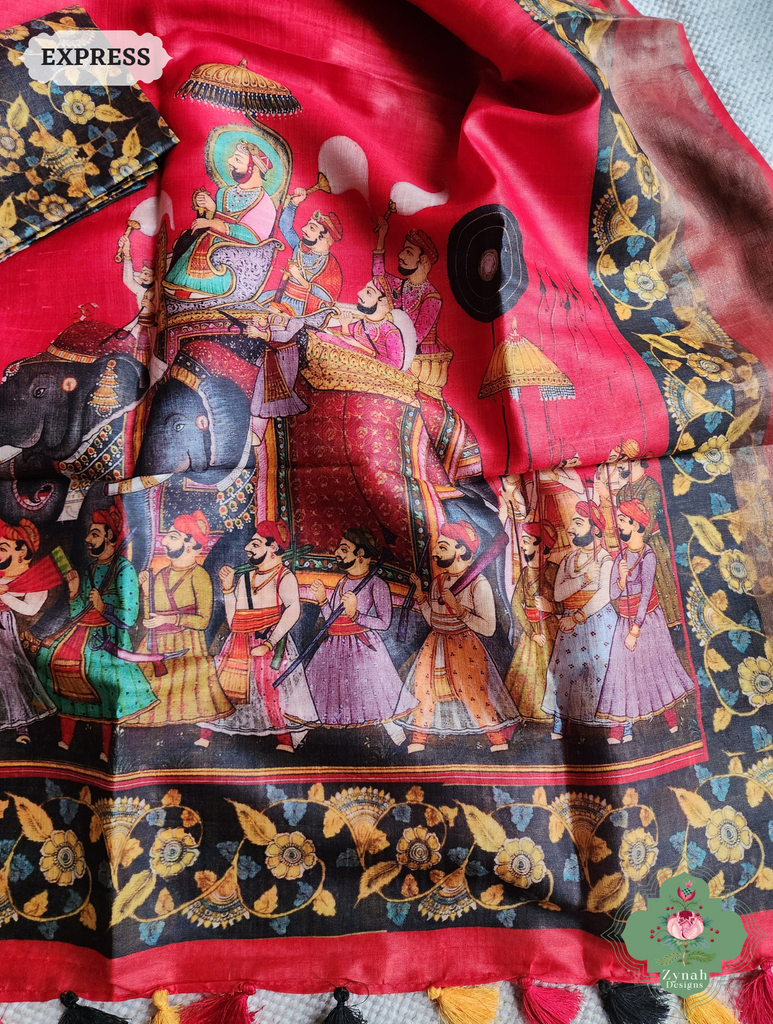 Red Tussar Silk Saree With Kalamkari Print 7