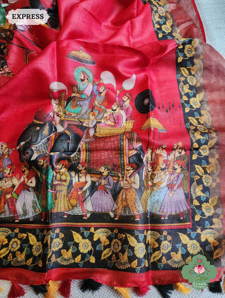 Red Tussar Silk Saree With Kalamkari Print 8