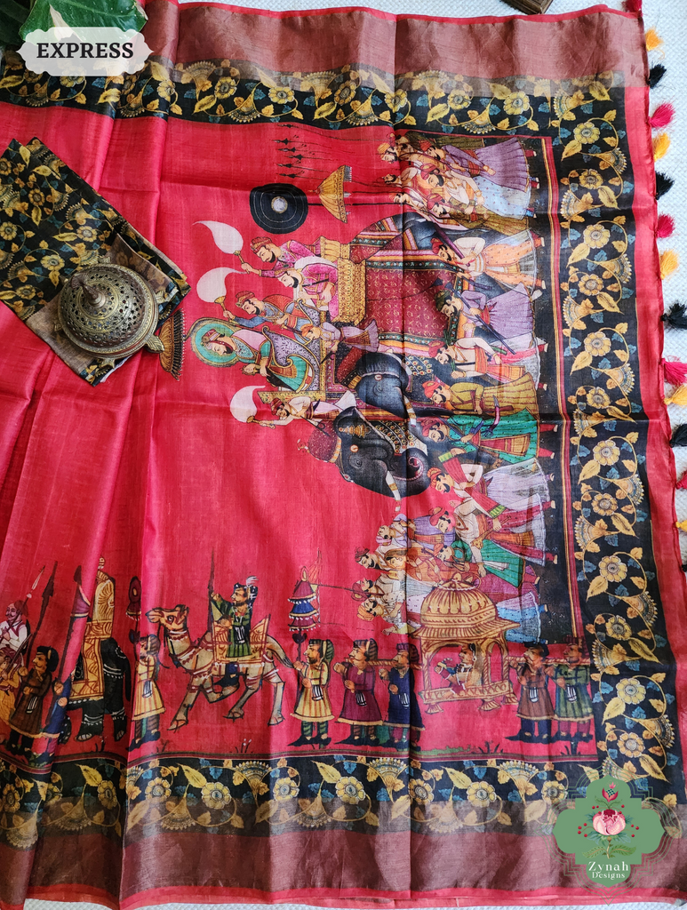Red Tussar Silk Saree With Kalamkari Print 9