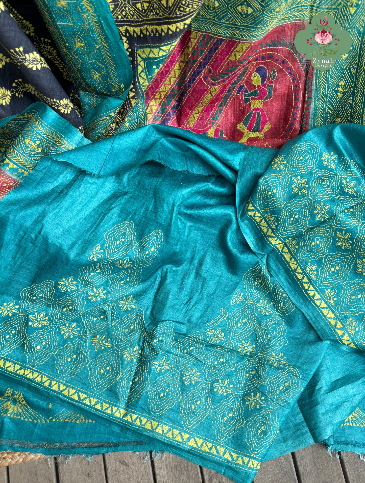 Sumana Red & Teal Pure Gachi Tussar Silk Saree With Kantha Hand Embroidery - SKU 0907202603
