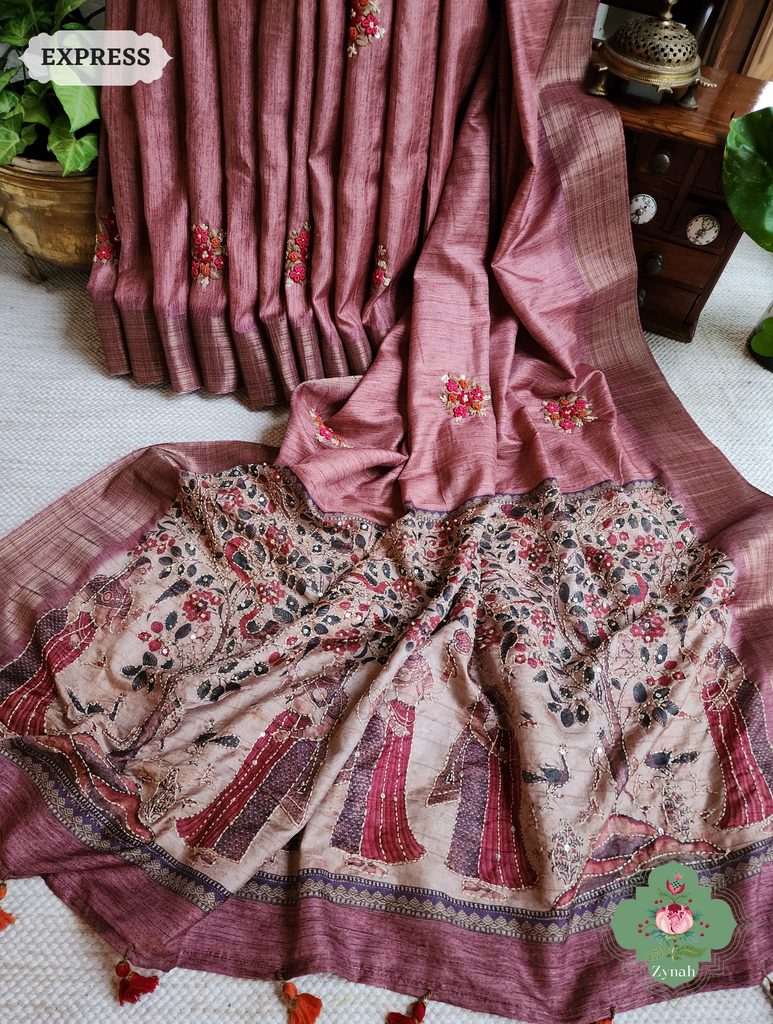 Rose Gold Jute Linen Saree, Kalamkari Pallu With Kantha Work, All Over Frenchknot Embroidery Butis
