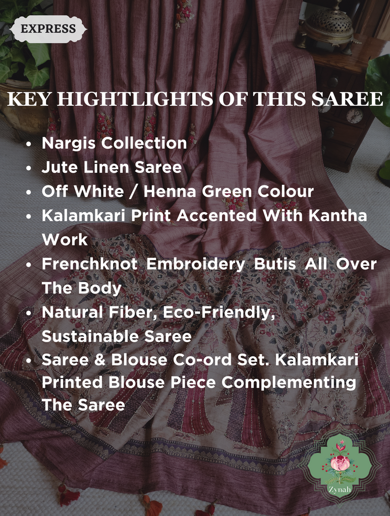 Rose Gold Jute Linen Saree, Kalamkari Pallu With Kantha Work, All Over Frenchknot Embroidery Butis