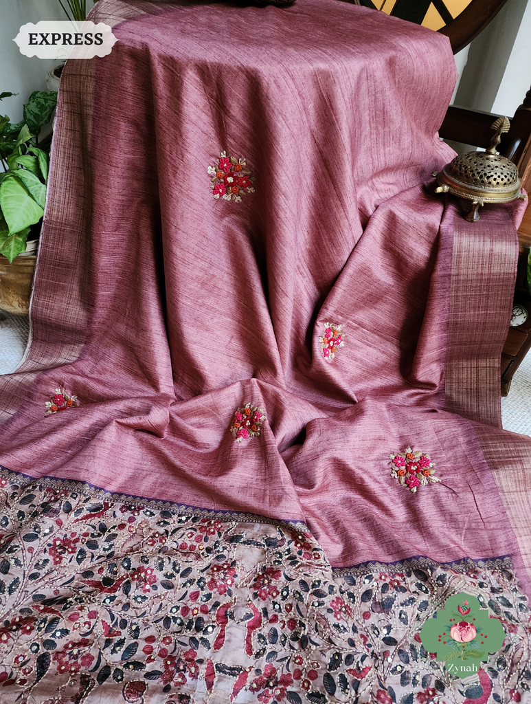 Rose Gold Jute Linen Saree, Kalamkari Pallu With Kantha Work, All Over Frenchknot Embroidery Butis
