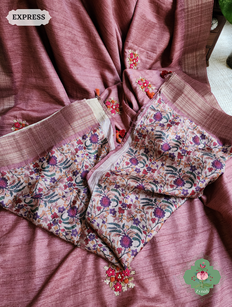 Rose Gold Jute Linen Saree, Kalamkari Pallu With Kantha Work, All Over Frenchknot Embroidery Butis