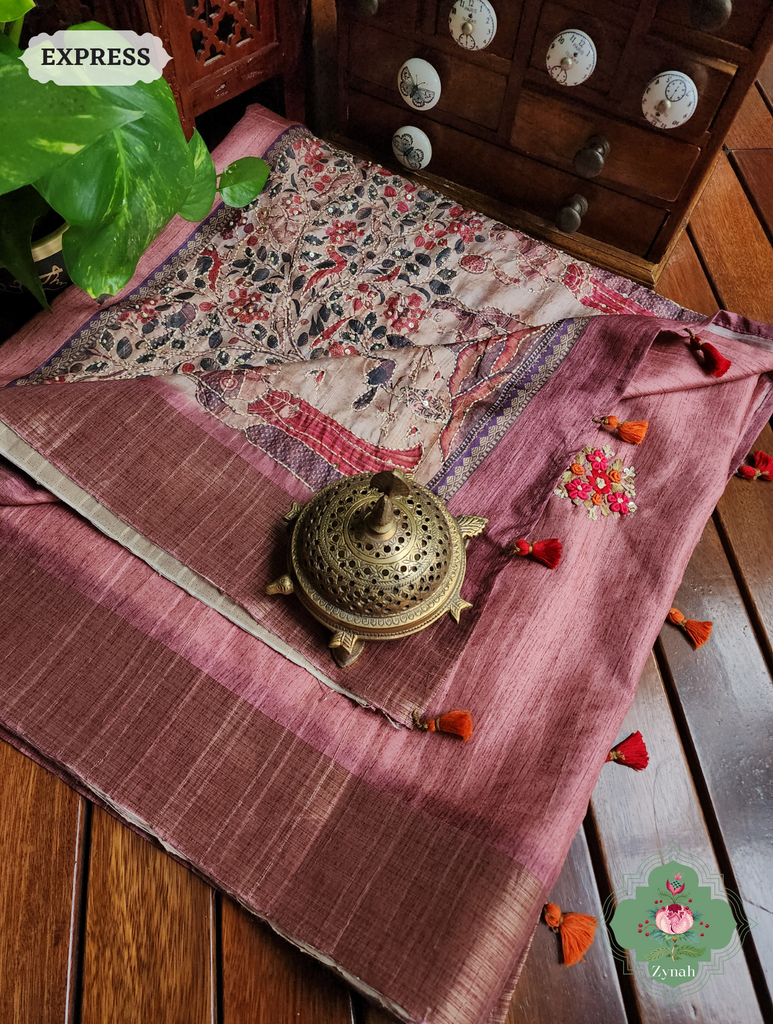 Rose Gold Jute Linen Saree, Kalamkari Pallu With Kantha Work, All Over Frenchknot Embroidery Butis