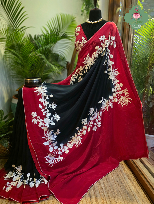 Roshana | Red & Black Pure Crepe Silk Hand Embroidered Parsi Gara Saree