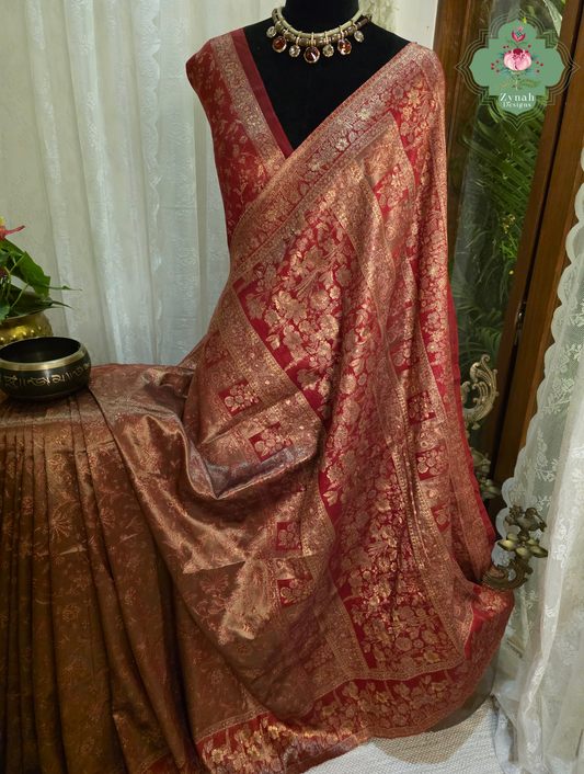 Roshini | Rosewood Red & Antique Gold Kashmiri Pure Kani Tissue Silk Jamavar Weave Saree | Made To Order