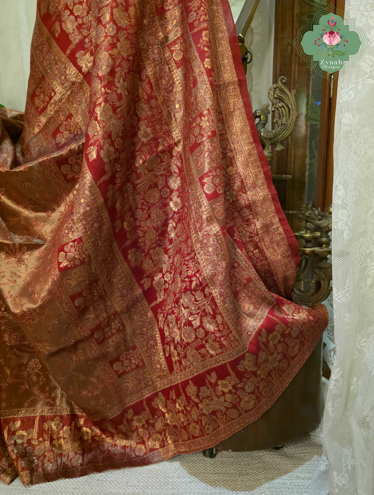 Roshini | Rosewood Red & Antique Gold Kashmiri Pure Kani Tissue Silk Jamavar Weave Saree | Made To Order