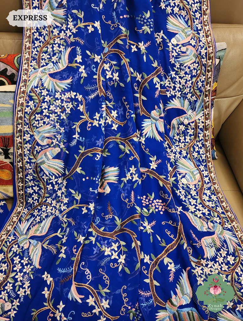 Royal Blue Georgette Hand Embroidered Parsi Gara Saree 10