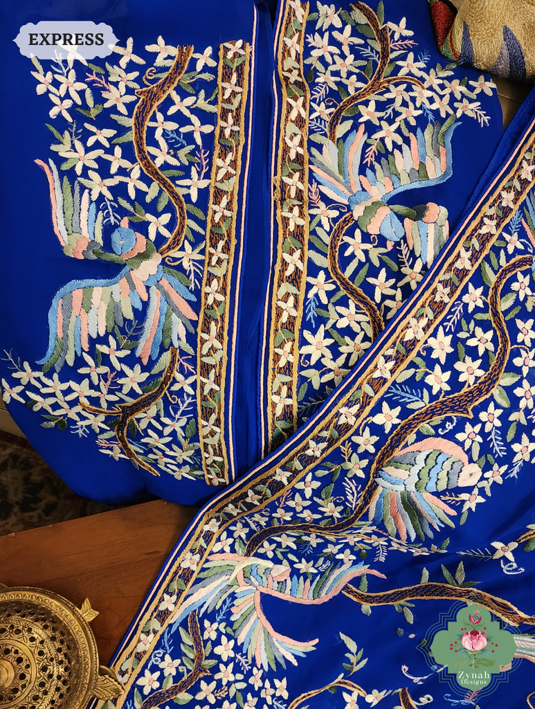 Royal Blue Georgette Hand Embroidered Parsi Gara Saree 11