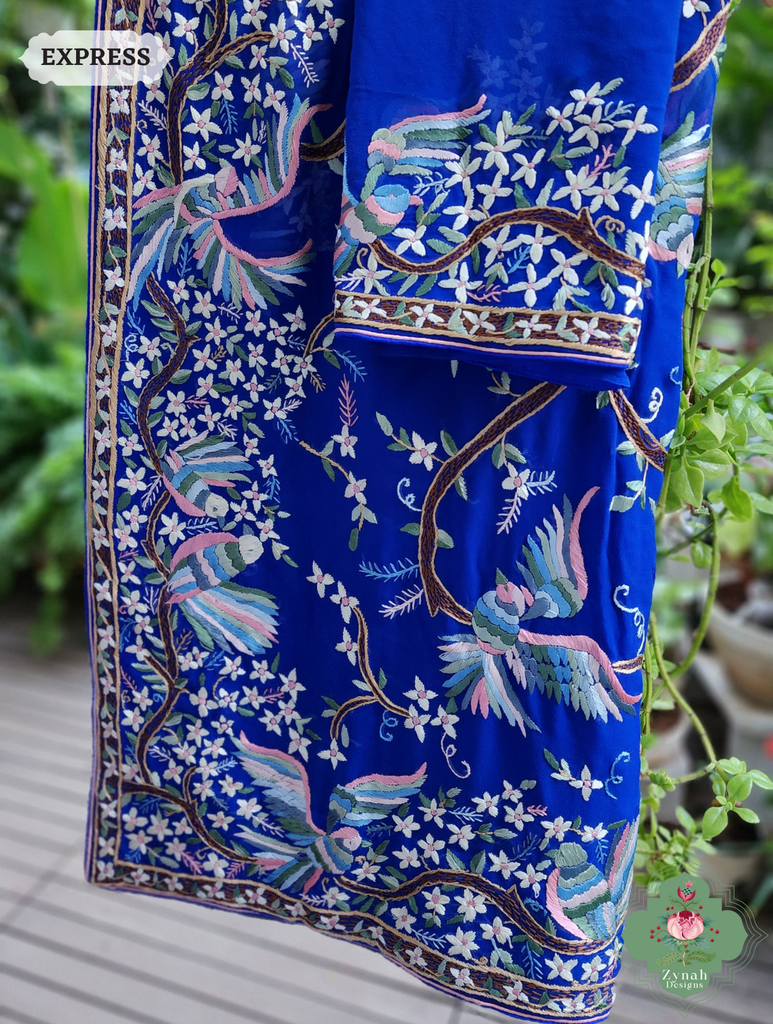 Royal Blue Georgette Hand Embroidered Parsi Gara Saree 7