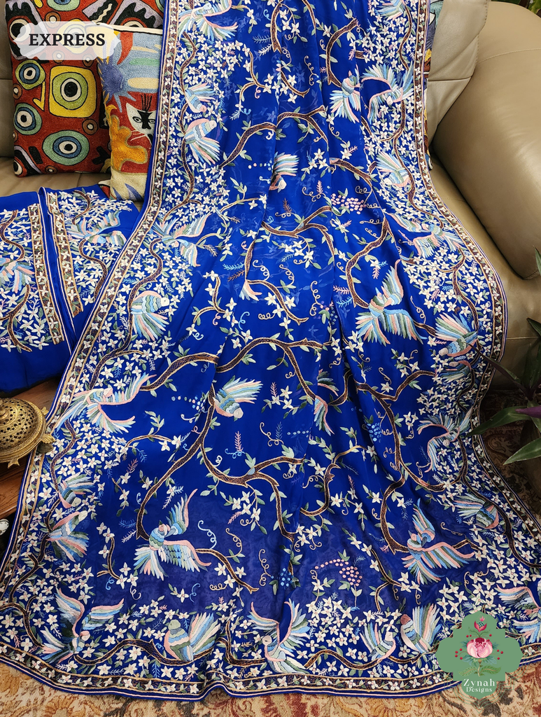 Royal Blue Georgette Hand Embroidered Parsi Gara Saree 8