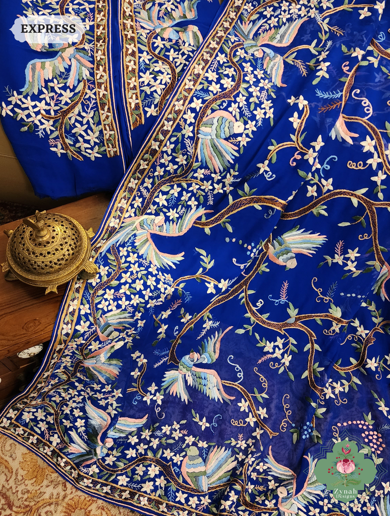 Royal Blue Georgette Hand Embroidered Parsi Gara Saree 9