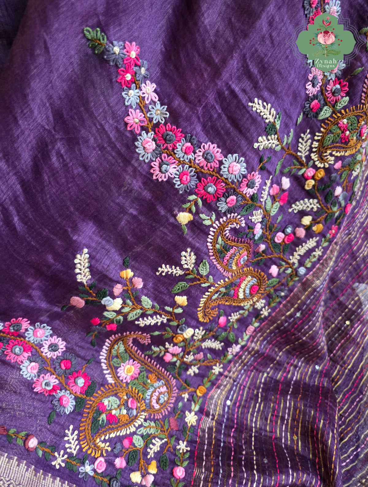 Ruhani | Aubergine Pure Silk Linen Saree With Hand Embroidery