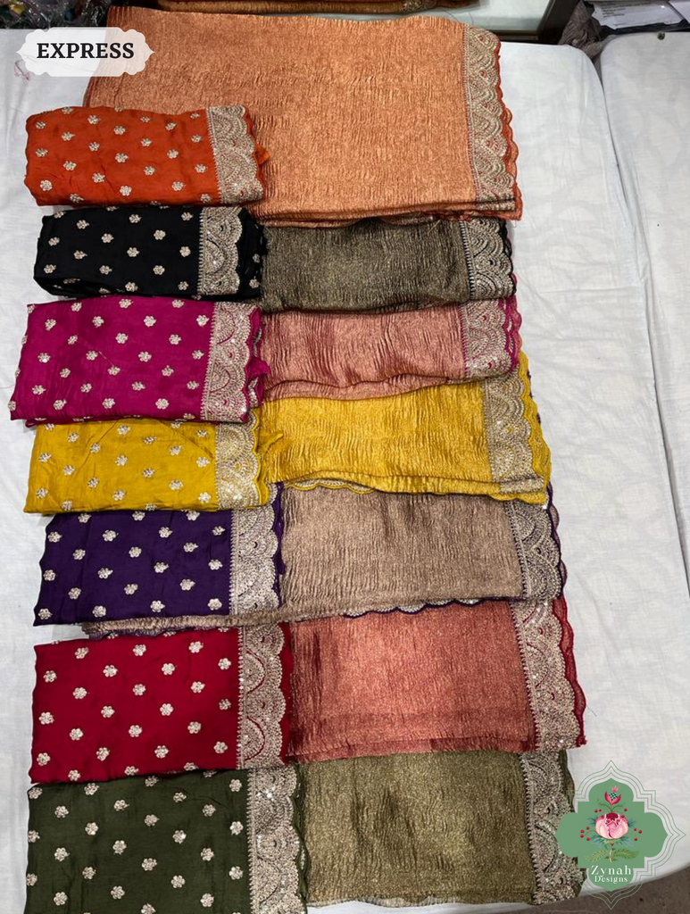 Metallic Rust Crushed Tissue Saree With Scalloped Border 4