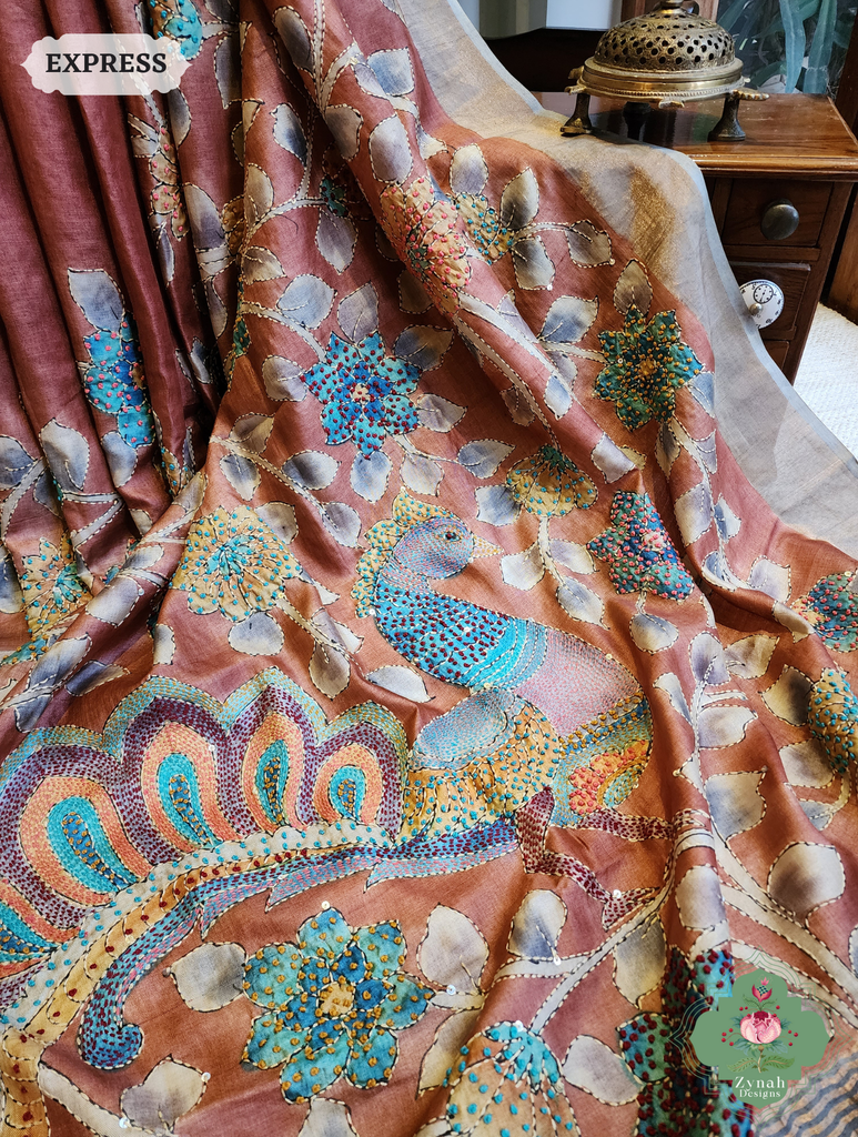 Zynah Rust Hand-Painted Tussar Silk Kalamkari Saree With French Knot & Kantha Hand Embroidery & Sequins Highlight; Custom Stitched/Ready-made Blouse, Fall, Petticoat; SKU: 2805202501