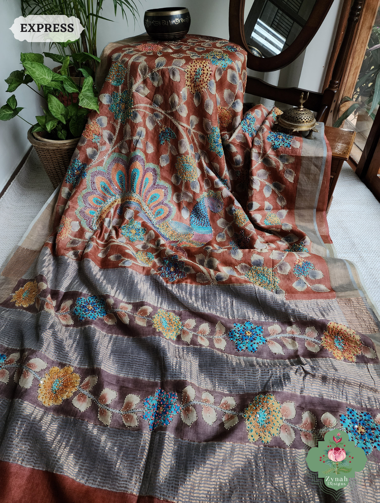 Zynah Rust Hand-Painted Tussar Silk Kalamkari Saree With French Knot & Kantha Hand Embroidery & Sequins Highlight; Custom Stitched/Ready-made Blouse, Fall, Petticoat; SKU: 2805202501
