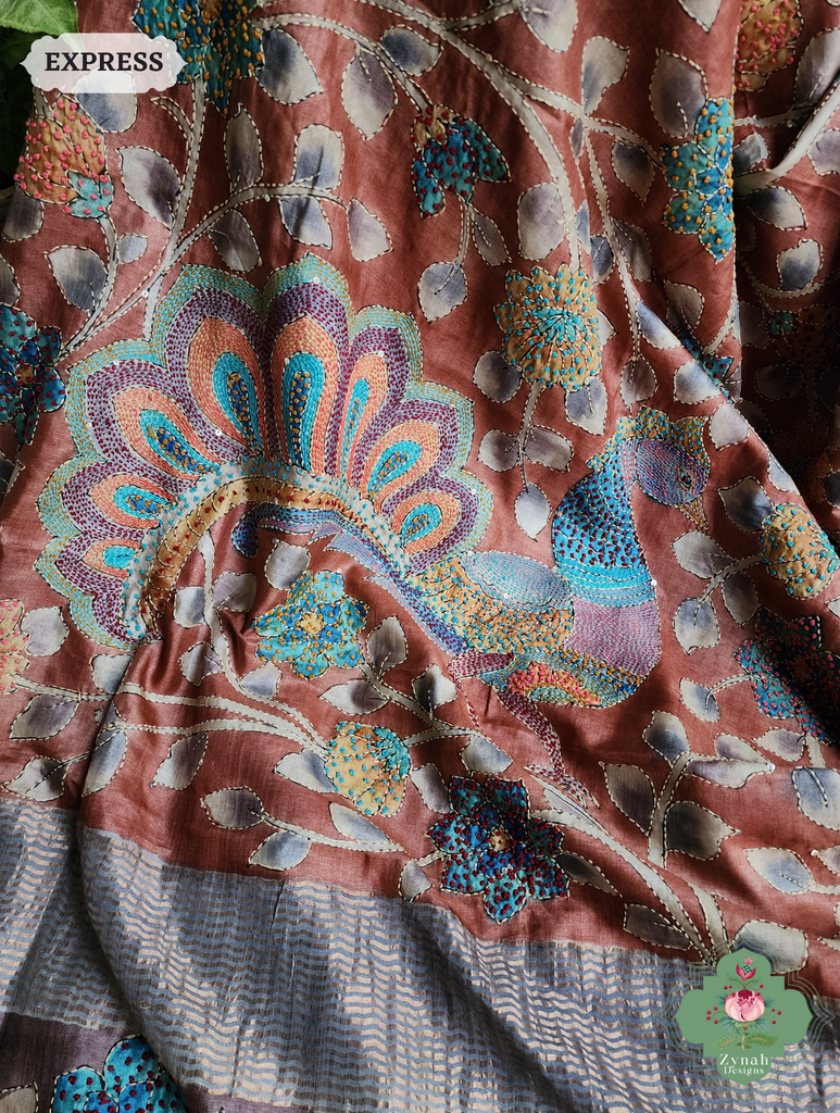Zynah Rust Hand-Painted Tussar Silk Kalamkari Saree With French Knot & Kantha Hand Embroidery & Sequins Highlight; Custom Stitched/Ready-made Blouse, Fall, Petticoat; SKU: 2805202501