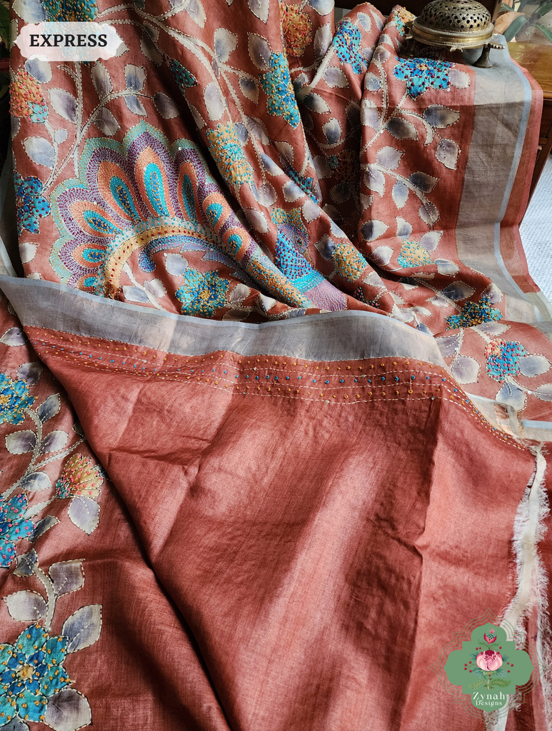 Zynah Rust Hand-Painted Tussar Silk Kalamkari Saree With French Knot & Kantha Hand Embroidery & Sequins Highlight; Custom Stitched/Ready-made Blouse, Fall, Petticoat; SKU: 2805202501