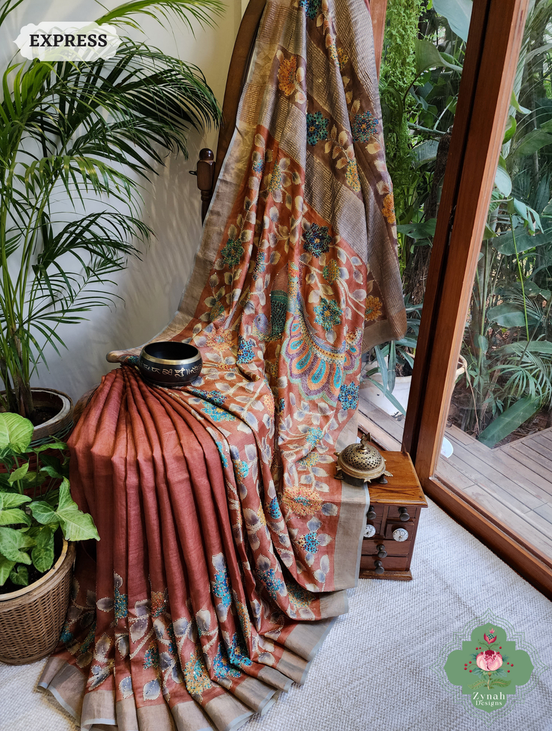 Zynah Rust Hand-Painted Tussar Silk Kalamkari Saree With French Knot & Kantha Hand Embroidery & Sequins Highlight; Custom Stitched/Ready-made Blouse, Fall, Petticoat; SKU: 2805202501