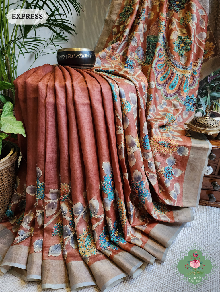 Zynah Rust Hand-Painted Tussar Silk Kalamkari Saree With French Knot & Kantha Hand Embroidery & Sequins Highlight; Custom Stitched/Ready-made Blouse, Fall, Petticoat; SKU: 2805202501