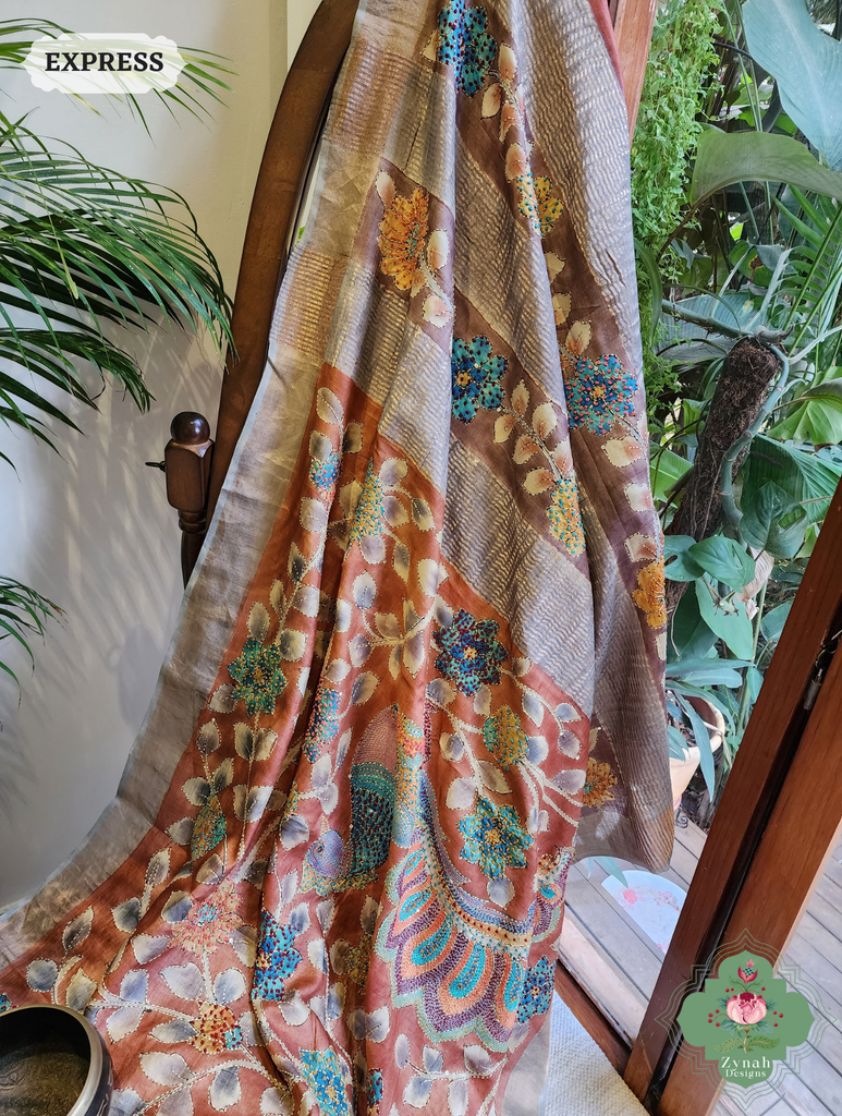 Zynah Rust Hand-Painted Tussar Silk Kalamkari Saree With French Knot & Kantha Hand Embroidery & Sequins Highlight; Custom Stitched/Ready-made Blouse, Fall, Petticoat; SKU: 2805202501