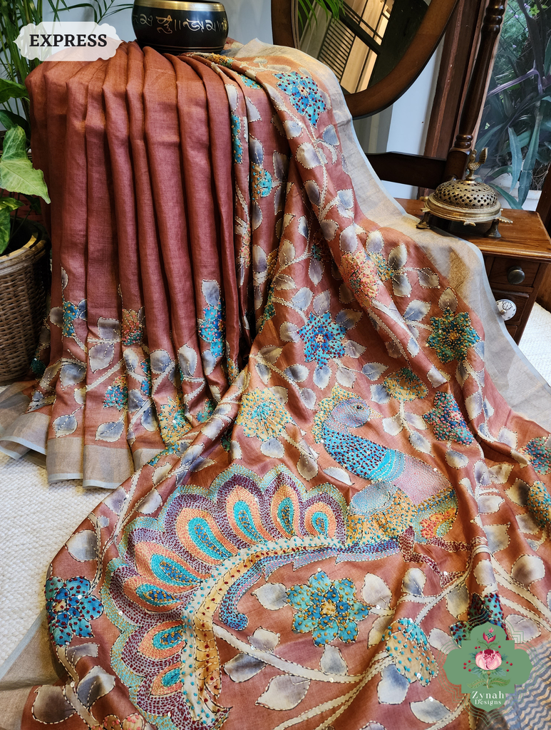 Zynah Rust Hand-Painted Tussar Silk Kalamkari Saree With French Knot & Kantha Hand Embroidery & Sequins Highlight; Custom Stitched/Ready-made Blouse, Fall, Petticoat; SKU: 2805202501