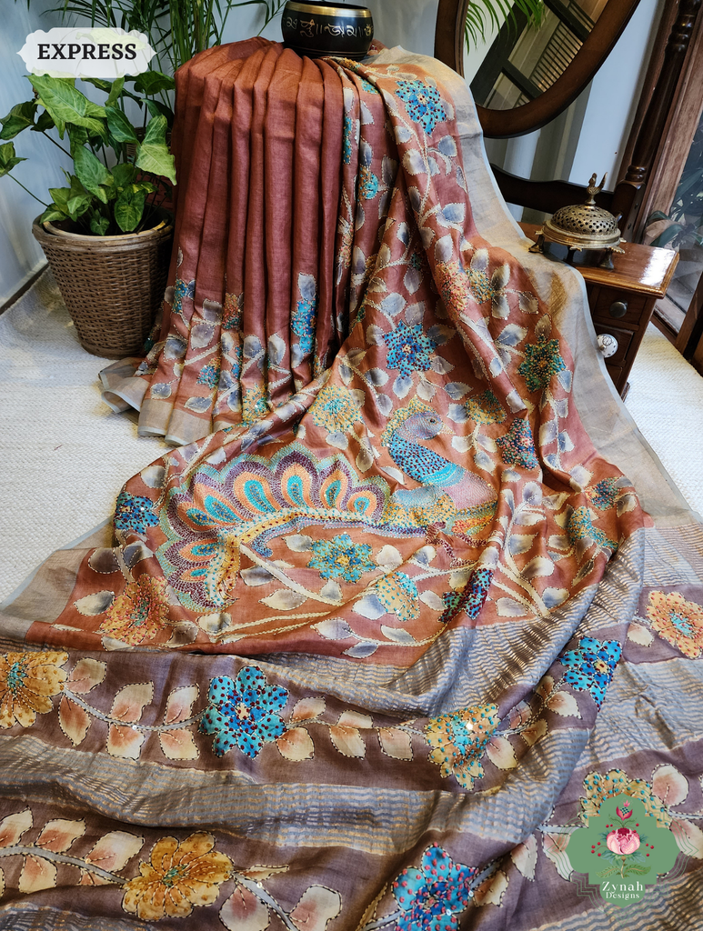 Zynah Rust Hand-Painted Tussar Silk Kalamkari Saree With French Knot & Kantha Hand Embroidery & Sequins Highlight; Custom Stitched/Ready-made Blouse, Fall, Petticoat; SKU: 2805202501