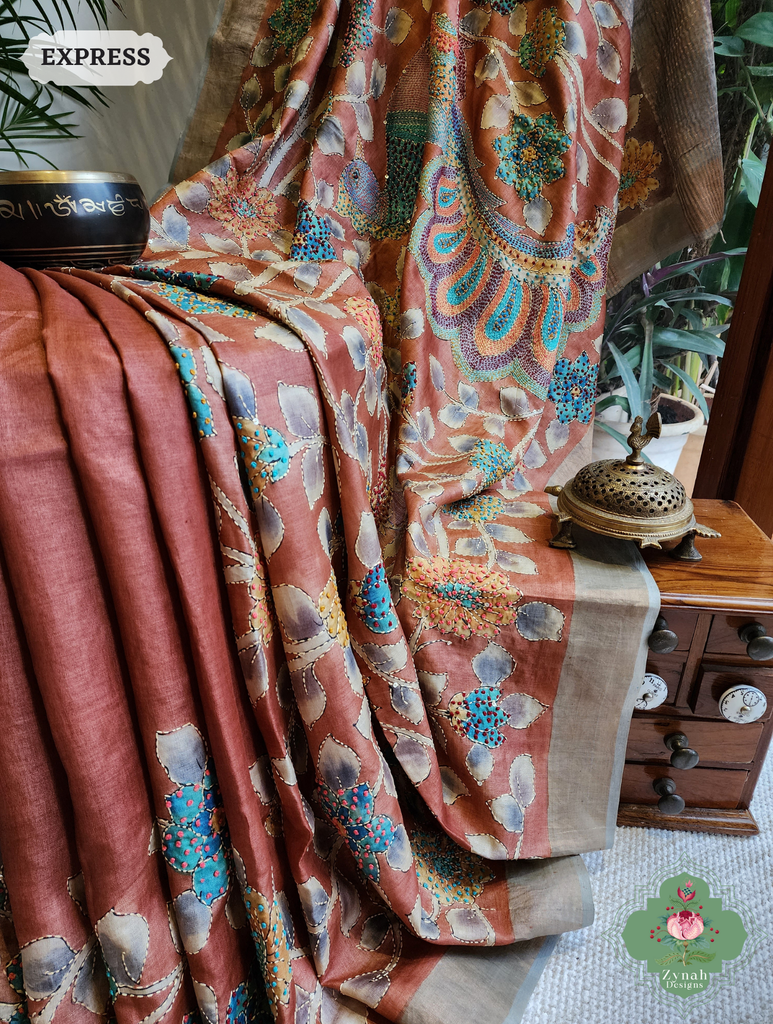Zynah Rust Hand-Painted Tussar Silk Kalamkari Saree With French Knot & Kantha Hand Embroidery & Sequins Highlight; Custom Stitched/Ready-made Blouse, Fall, Petticoat; SKU: 2805202501