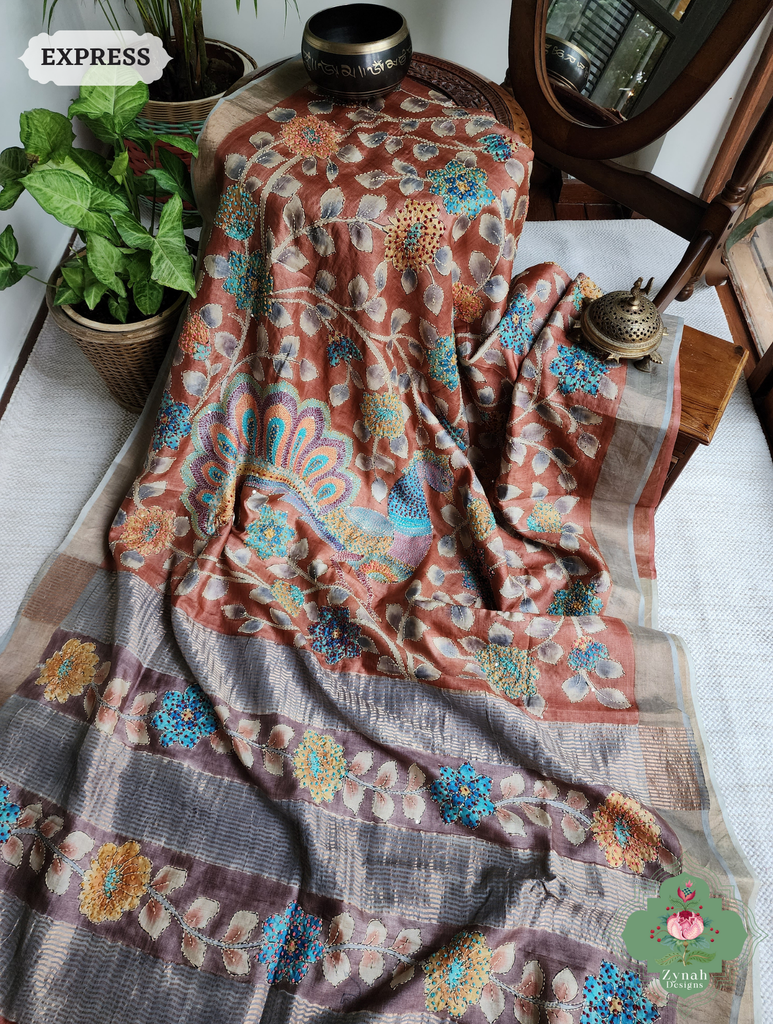 Zynah Rust Hand-Painted Tussar Silk Kalamkari Saree With French Knot & Kantha Hand Embroidery & Sequins Highlight; Custom Stitched/Ready-made Blouse, Fall, Petticoat; SKU: 2805202501
