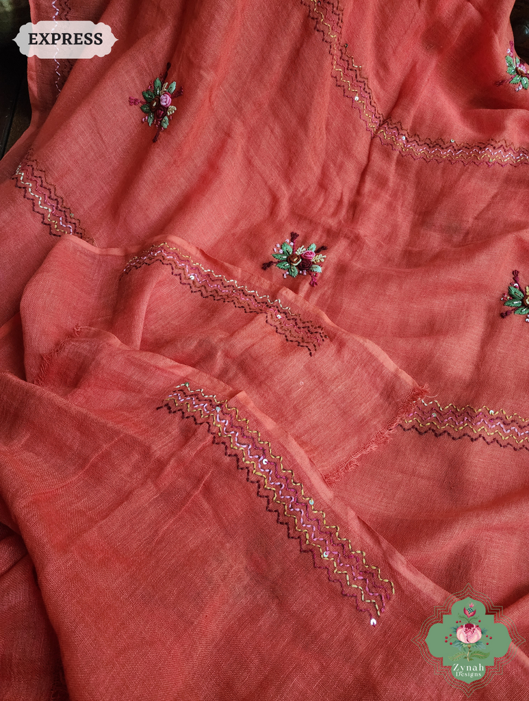 Rust Organic Linen Saree With French Knot Hand Embroidery 10