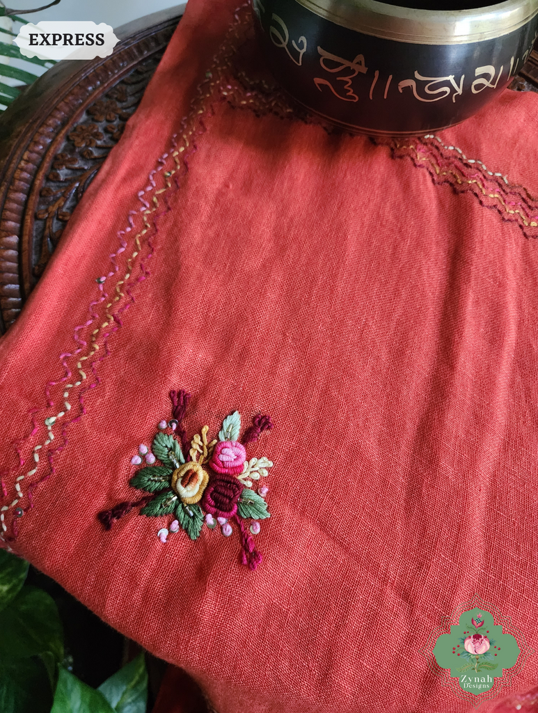 Rust Organic Linen Saree With French Knot Hand Embroidery 11