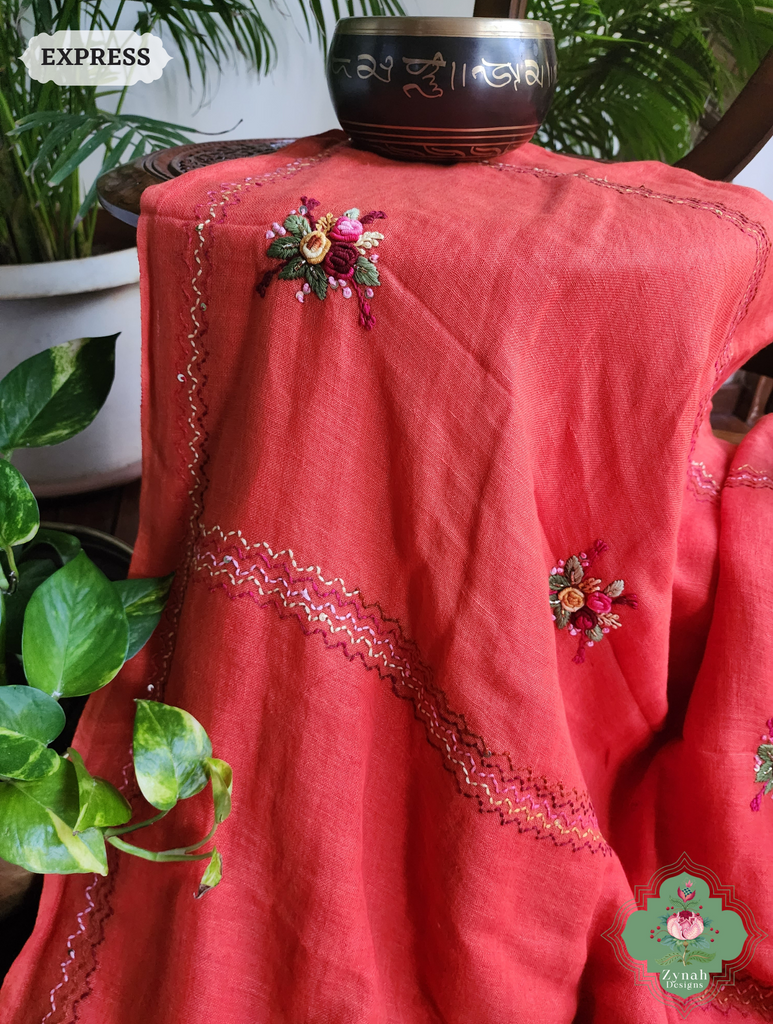 Rust Organic Linen Saree With French Knot Hand Embroidery 12