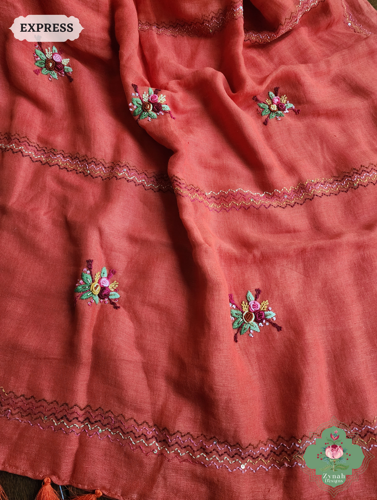 Rust Organic Linen Saree With French Knot Hand Embroidery 13