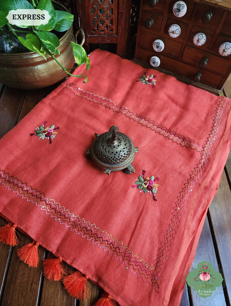 Rust Organic Linen Saree With French Knot Hand Embroidery 15