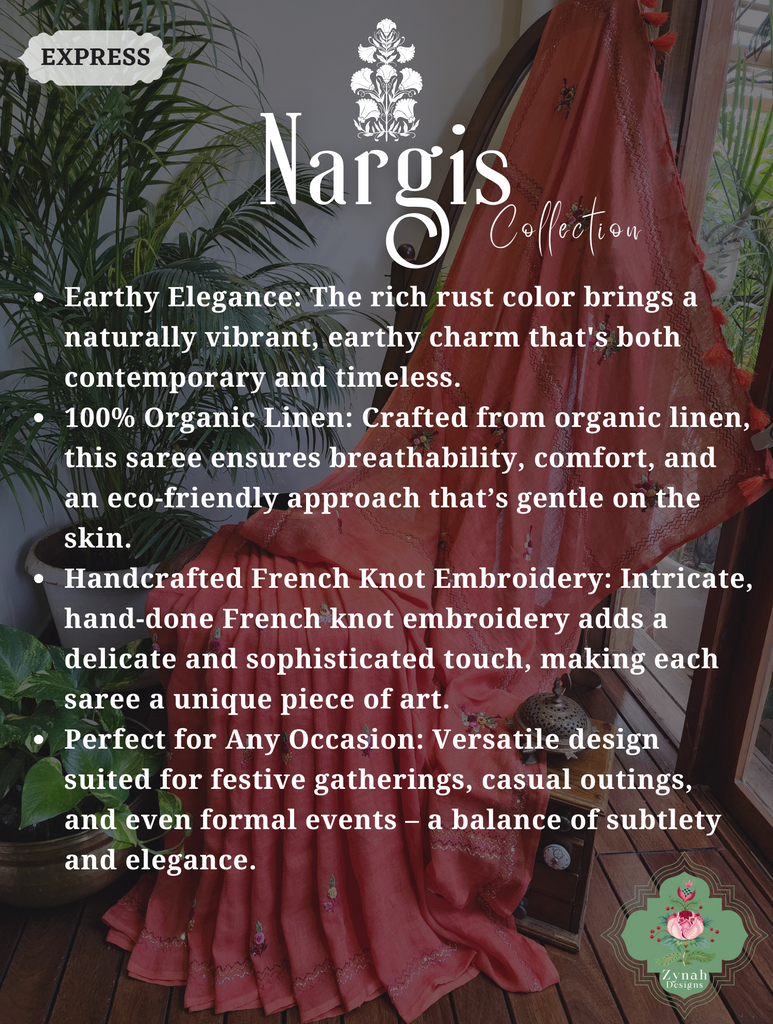 Rust Organic Linen Saree With French Knot Hand Embroidery