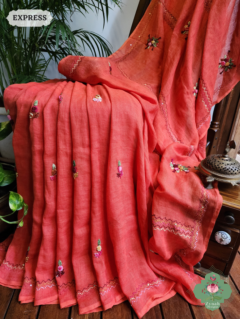 Rust Organic Linen Saree With French Knot Hand Embroidery 4