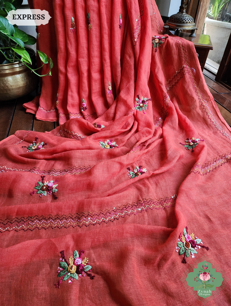 Rust Organic Linen Saree With French Knot Hand Embroidery 6