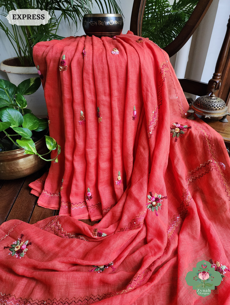 Rust Organic Linen Saree With French Knot Hand Embroidery 7