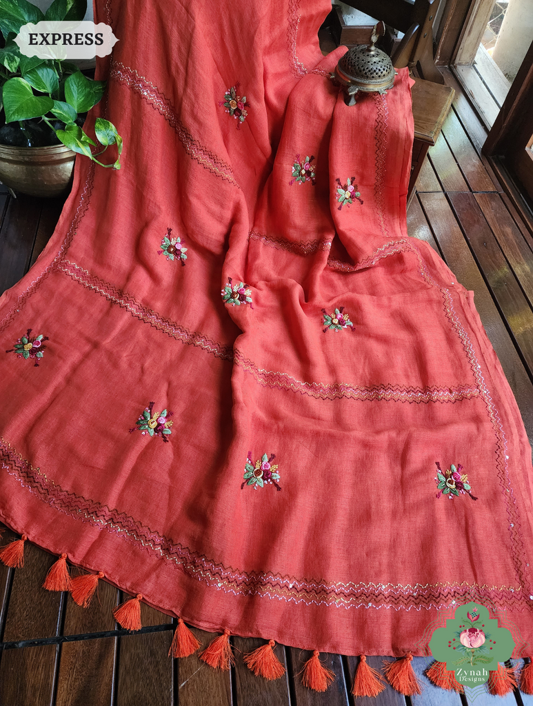 Rust Organic Linen Saree With French Knot Hand Embroidery 8